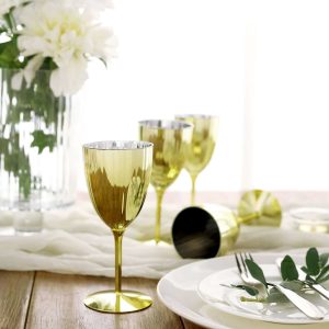 6-Pack Plastic Wine Glasses 8oz Metallic Gold - Stylish Disposable Goblets for Weddings & Special Occasions - Pack of 6 Glasses
